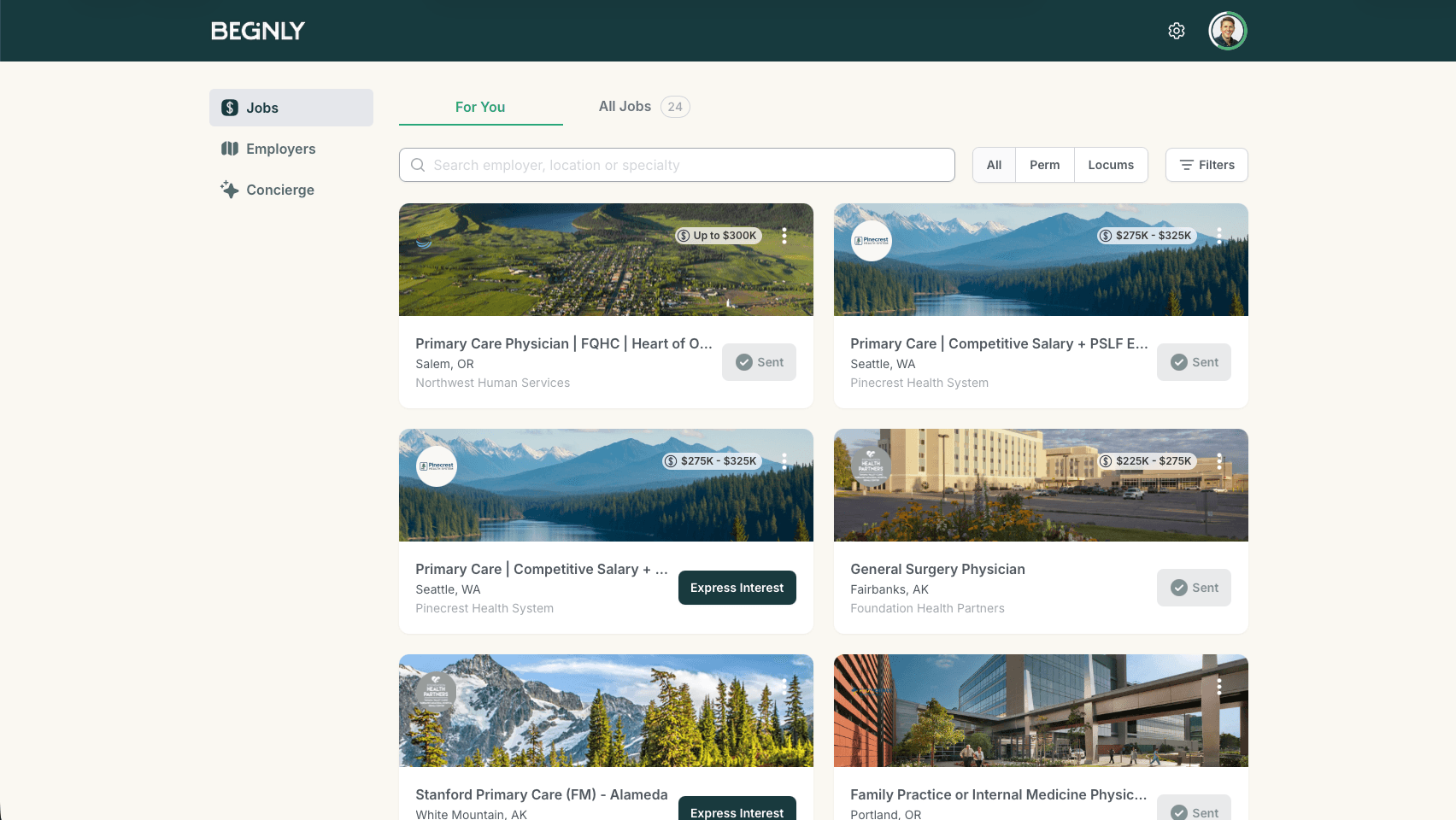 Beginly physician job matching dashboard